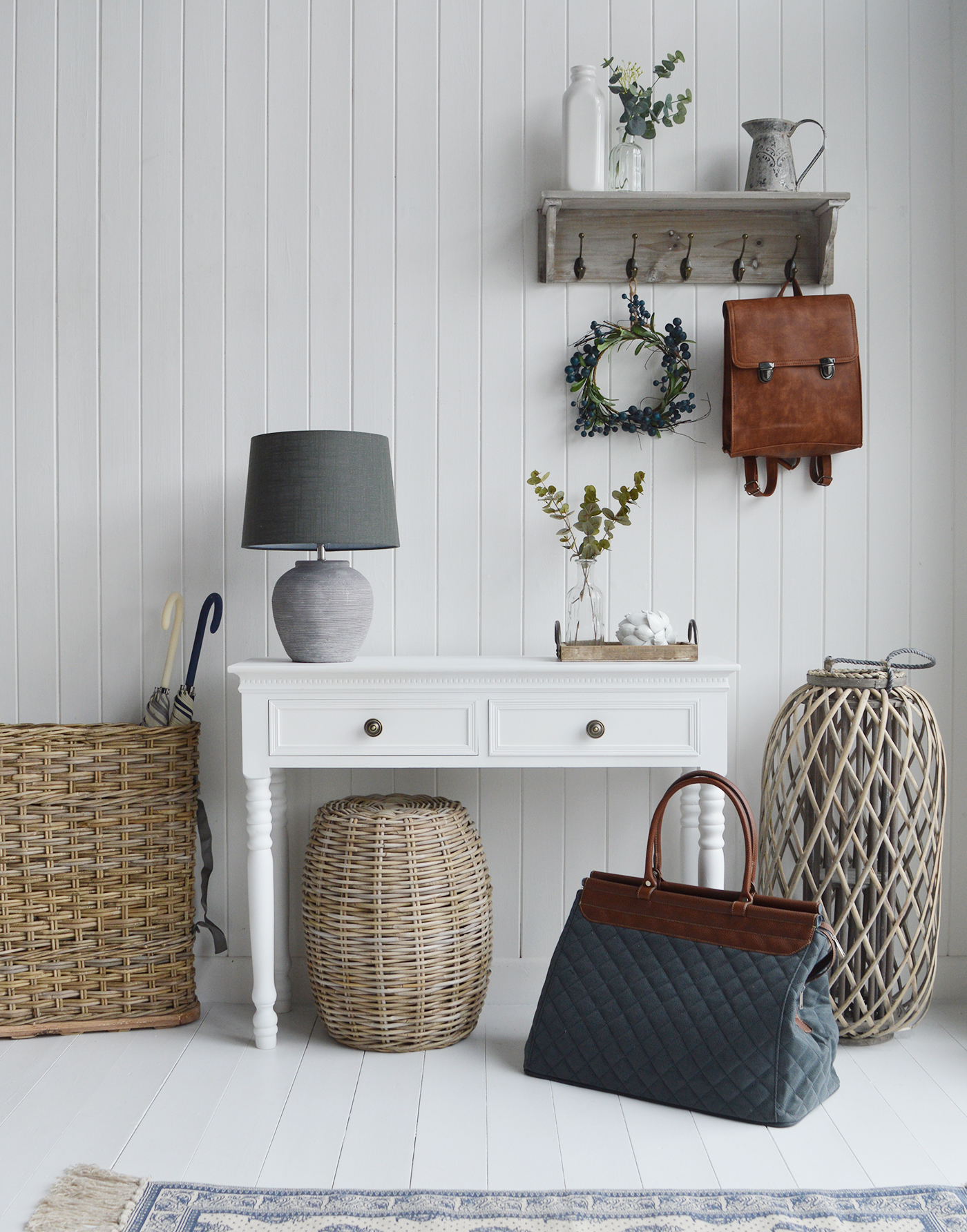 The New England white dressing table with 2 drawers and antique brass handles from The White Lighthouse range of bedroom dressers and furniture. Coastal, country, cottage and city bedroom interiors and decor