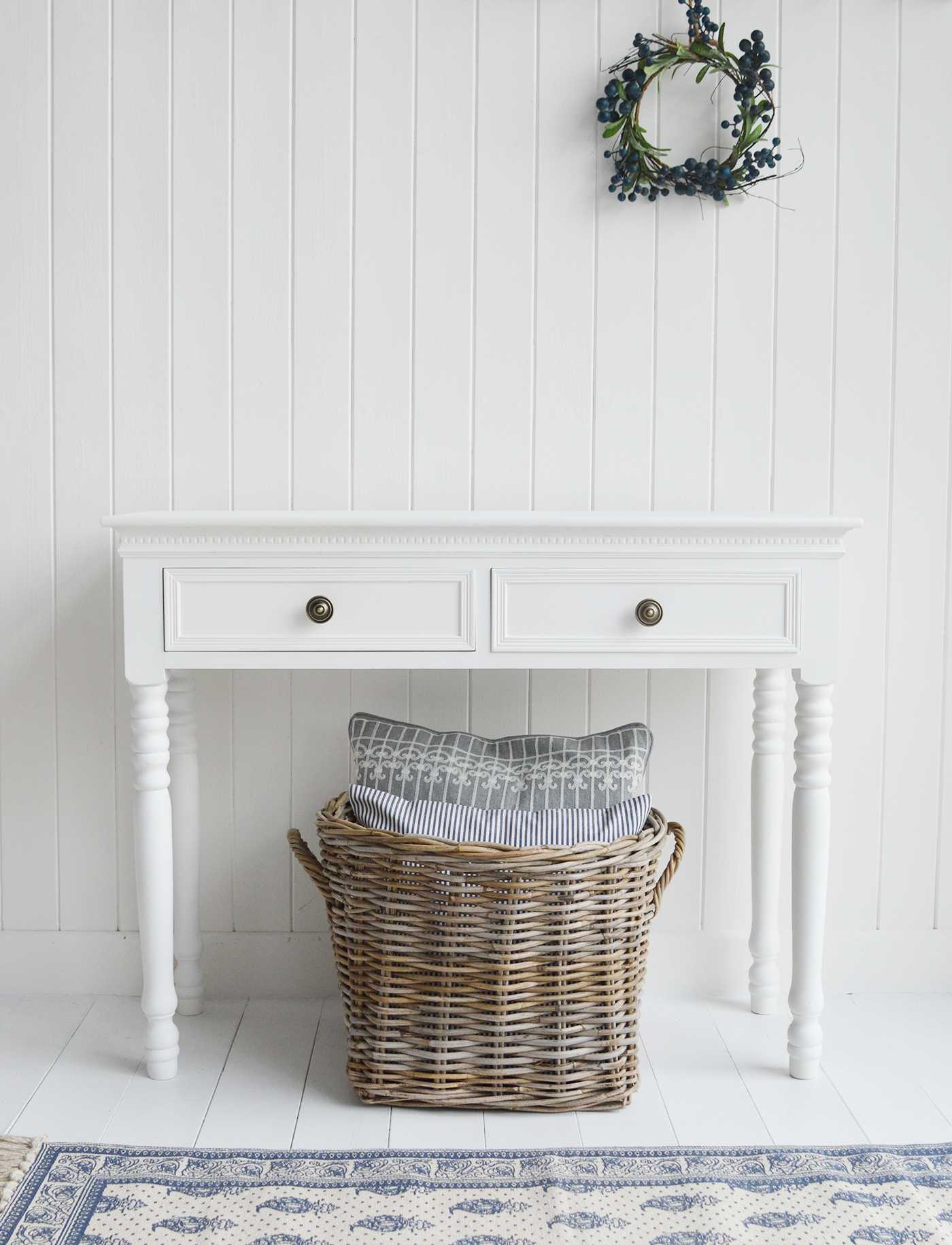 The New England white dressing table with 2 drawers and antique brass handles from The White Lighthouse range of bedroom dressers and furniture. Coastal, country, cottage and city bedroom interiors and decor