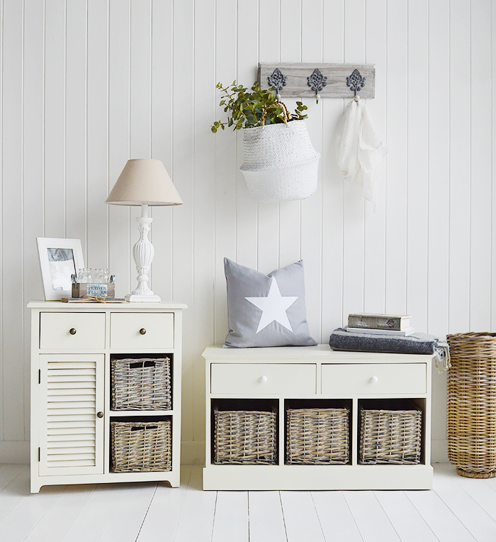 The Cream Newbury hallway furniture. A storage bench seat with the cream storage cabinet, a coat rack and umbrella holder