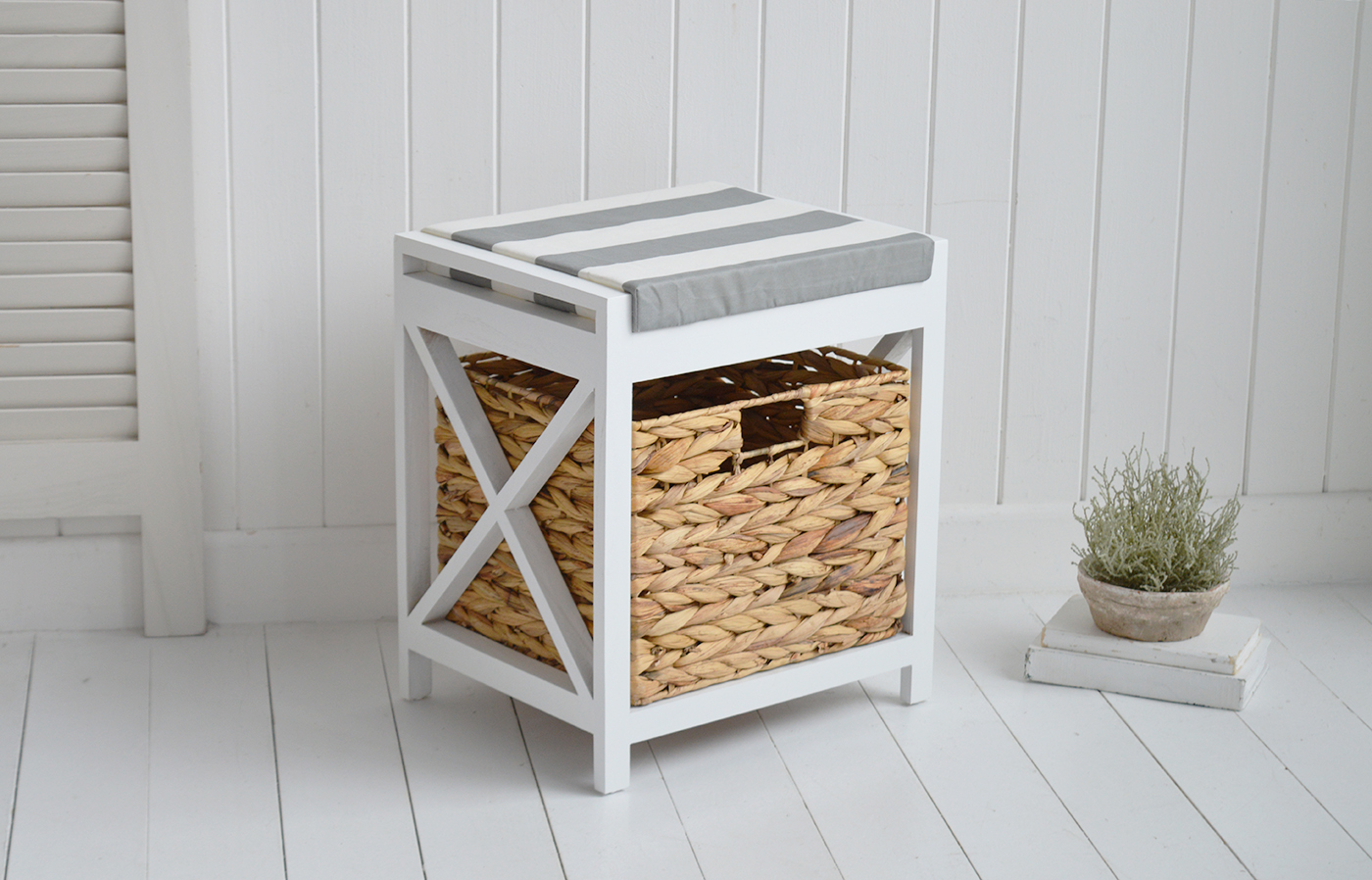 Northport White Storage Seat with basket and cushion - New England Modern Farmhouse and Coastal Storage Furniture