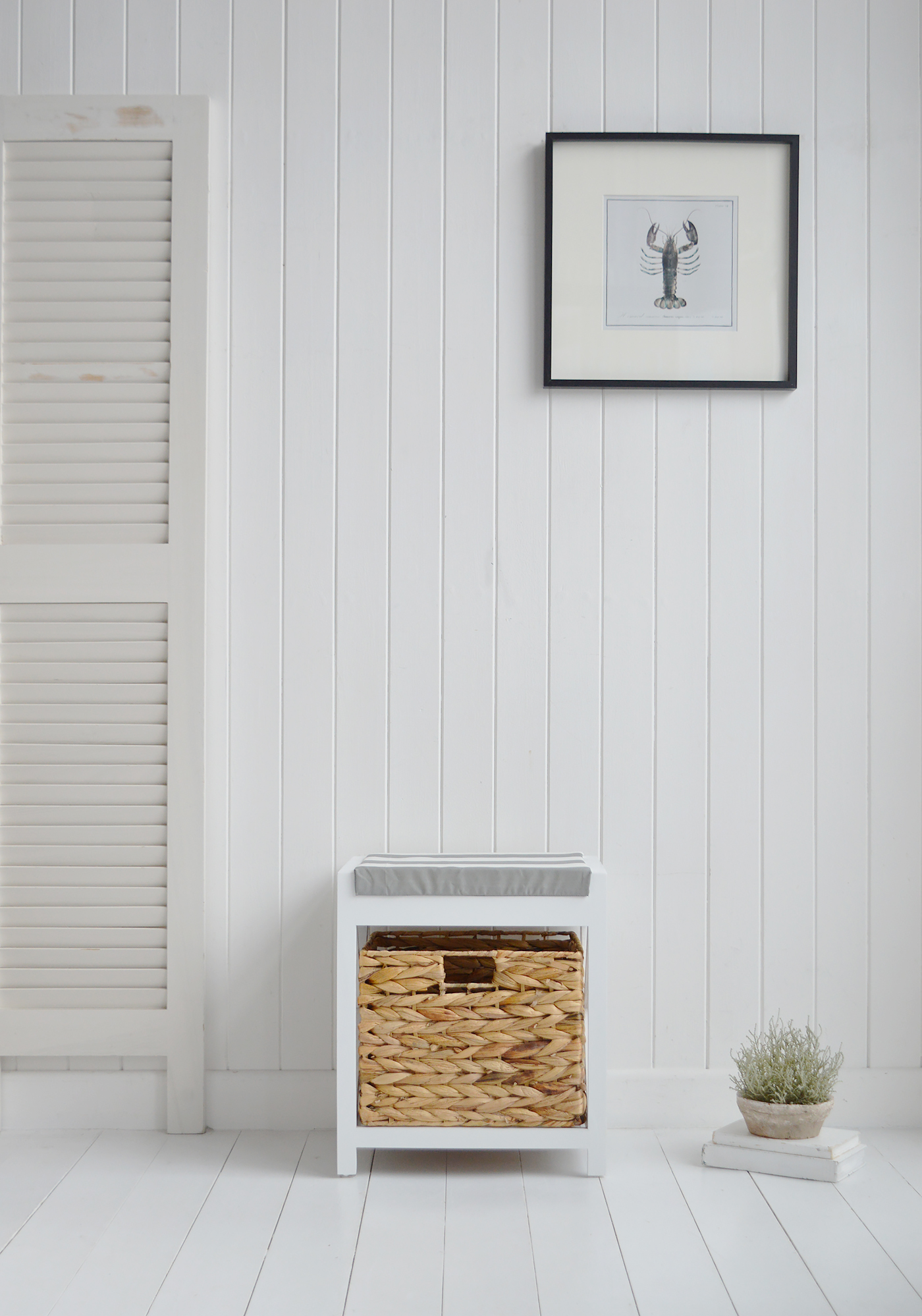 Northport White Storage Seat with basket - New England Modern Farmhouse and Coastal Storage Furniture