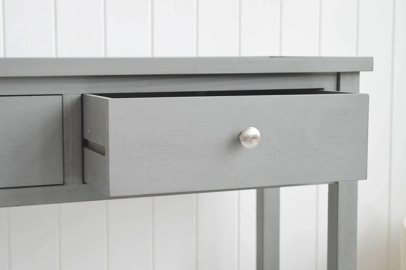 Oxford Grey Console Table with Shelf and Drawers - New England Country, Coastal, City and Farmhouse Furniture. The White Lighthouse Hallway Furniture