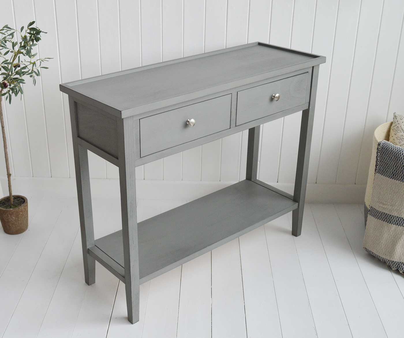 Oxford Grey Console Table with Shelf and Drawers - New England Country, Coastal, City and Farmhouse Furniture. The White Lighthouse Hallway Furniture