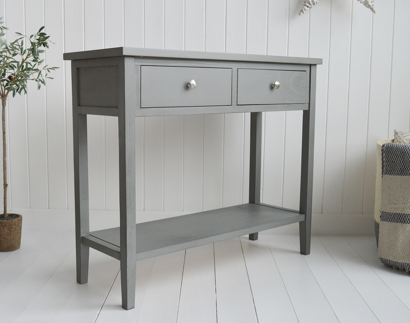 Oxford Grey Console Table with Shelf and Drawers - New England Country, Coastal, City and Farmhouse Furniture. The White Lighthouse Hallway Furniture