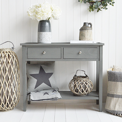 Oxford Grey Console Table with Shelf and Drawers - New England Country, Coastal, City and Farmhouse Furniture. The White Lighthouse Hallway Furniture