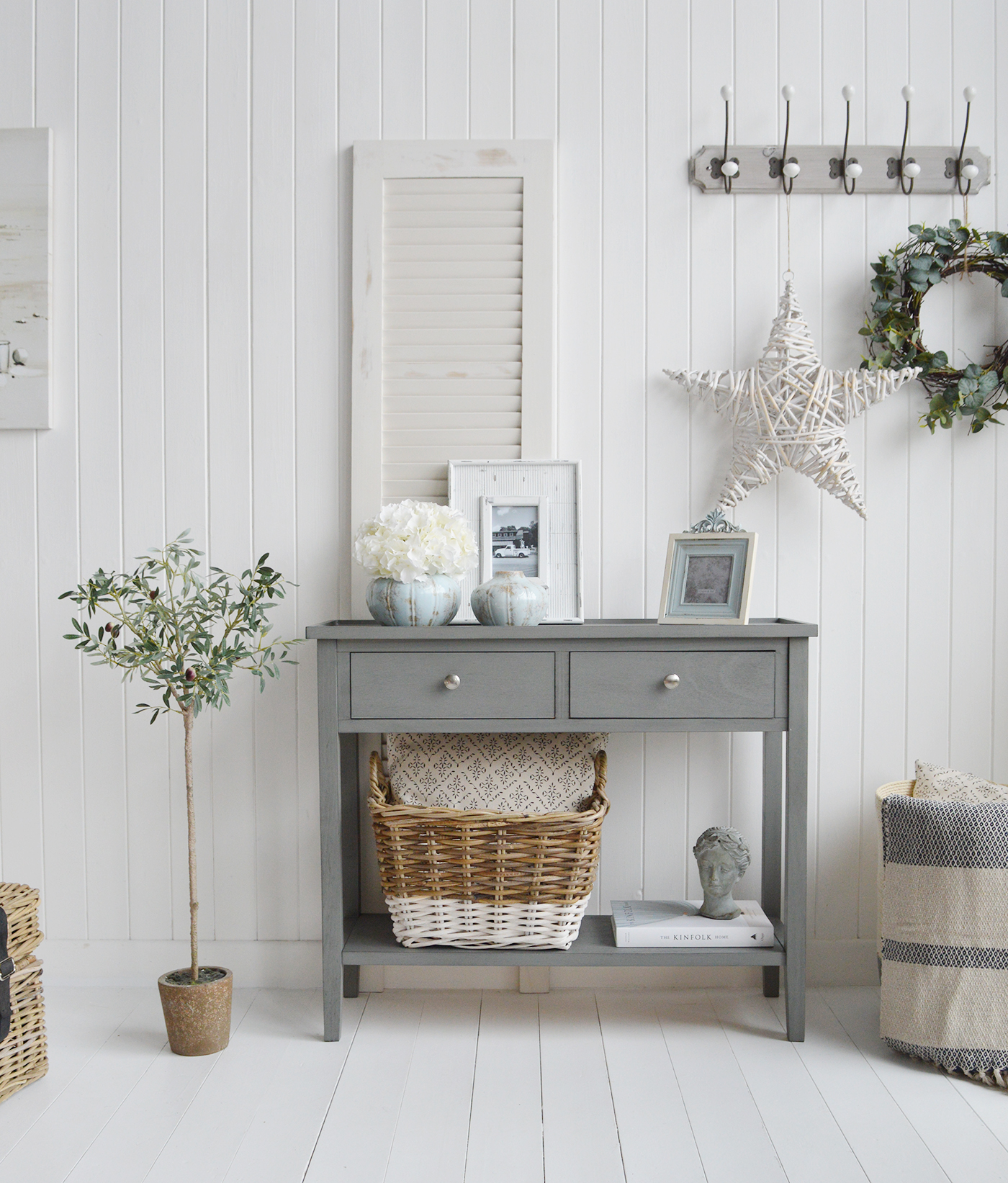 Oxford Grey Console Table with Shelf and Drawers - New England