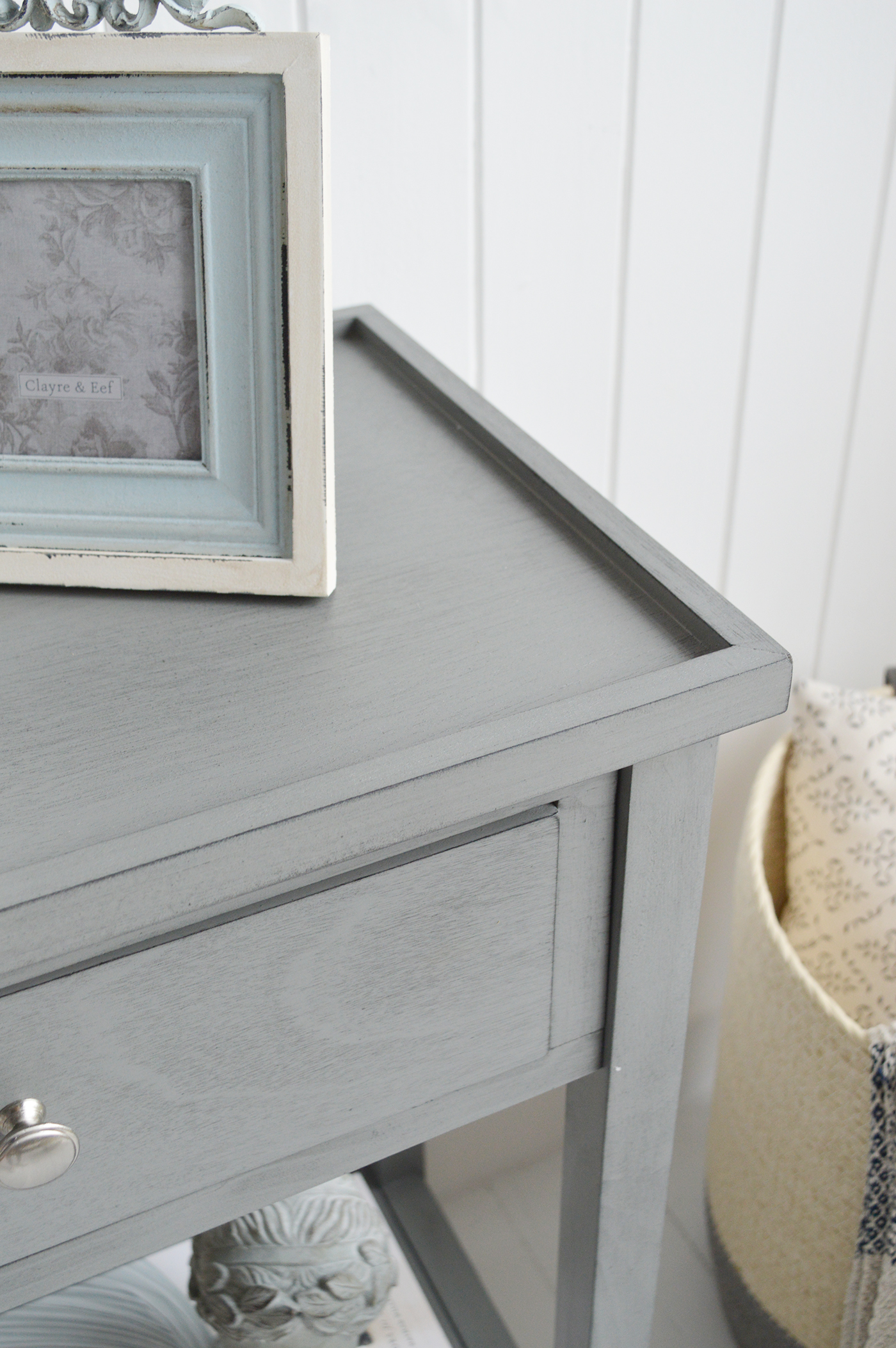 Oxford Grey Console Table with Shelf and Drawers - New England Country, Coastal, City and Farmhouse Furniture. The White Lighthouse Hallway Furniture