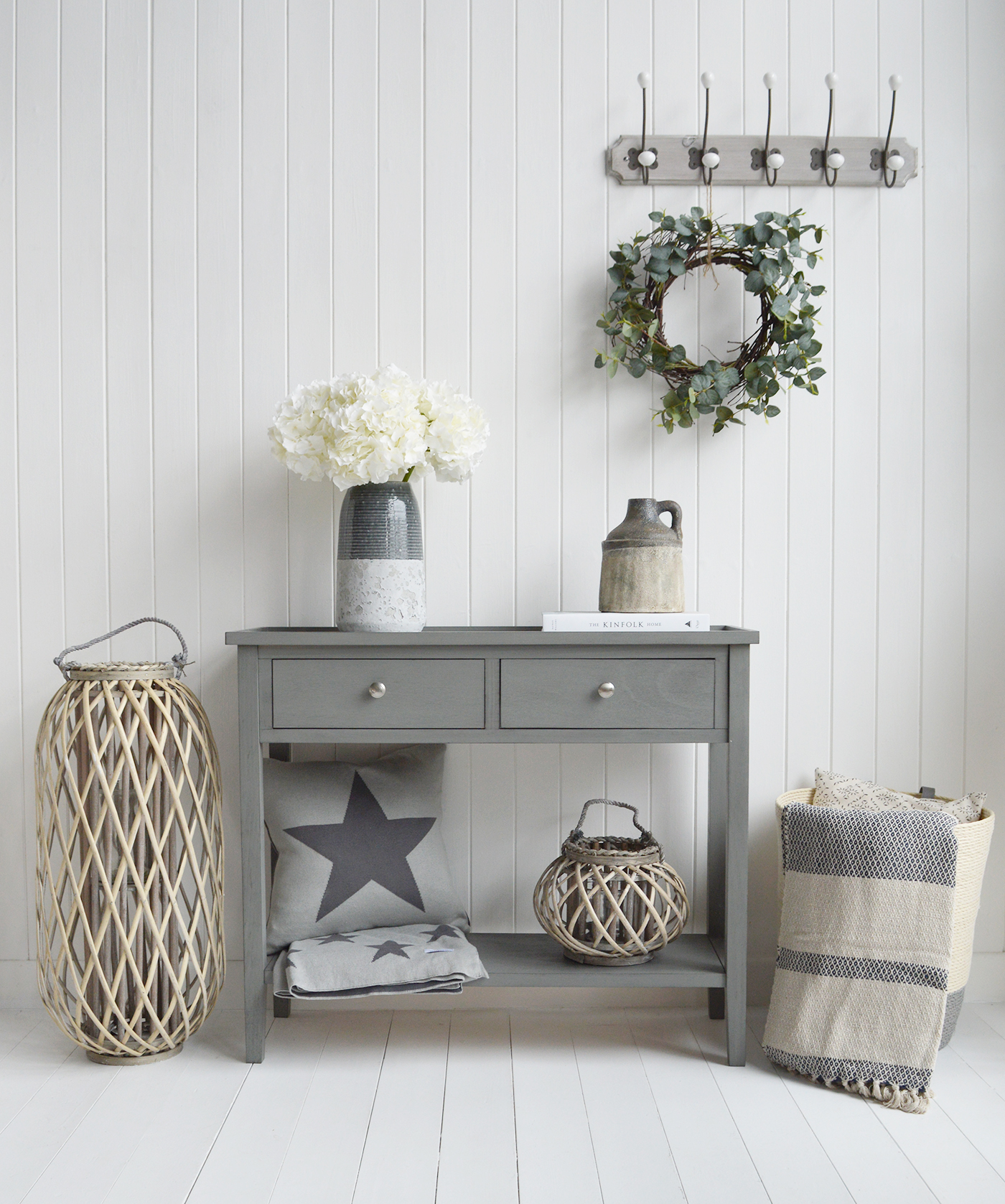 Oxford Grey Console Table with Shelf and Drawers - New England Country, Coastal, City and Farmhouse Furniture. The White Lighthouse Hallway Furniture