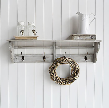 Parisian grey wall shelf with hooks for hall coat rack