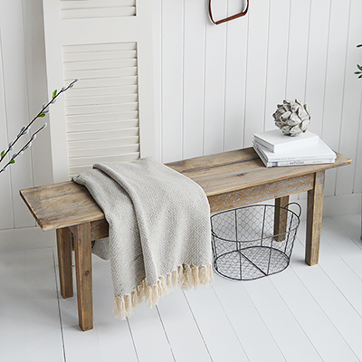 Connecticut white storage bench with deep drawers for New England white hallway furniture