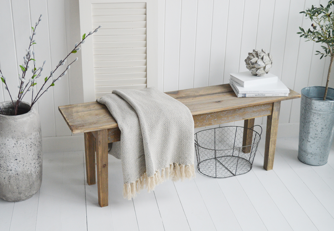 Pawtucket Rustic Grey Wooden Hallway Bench - Coastal, Country Furniture Hall Furniture