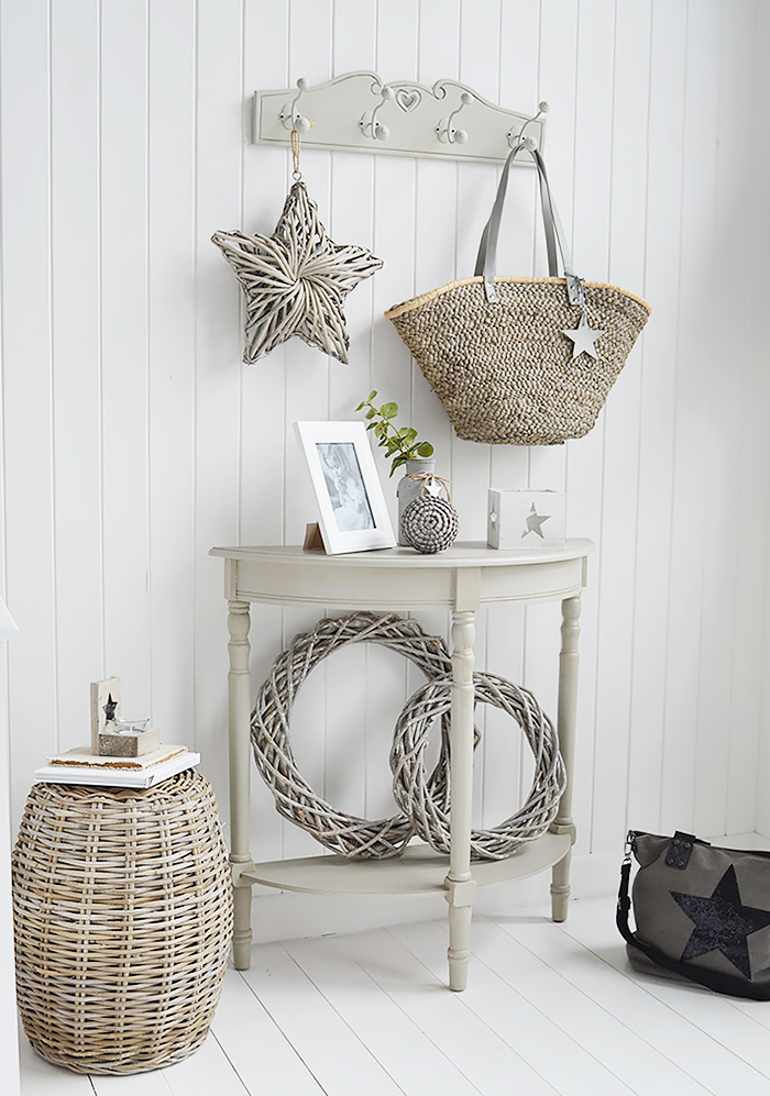 The White Lighthouse Plymouth half moon grey console hall table with a shelf from New England, Coastal and Country furniture and home interiors