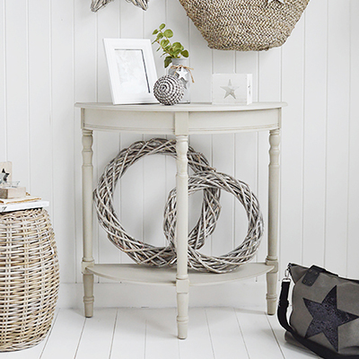 Plymoutn half moon grey half moon console table . Perfect for New England, coastal, country or modern farmhouse hallway, living room and bedroom furniture