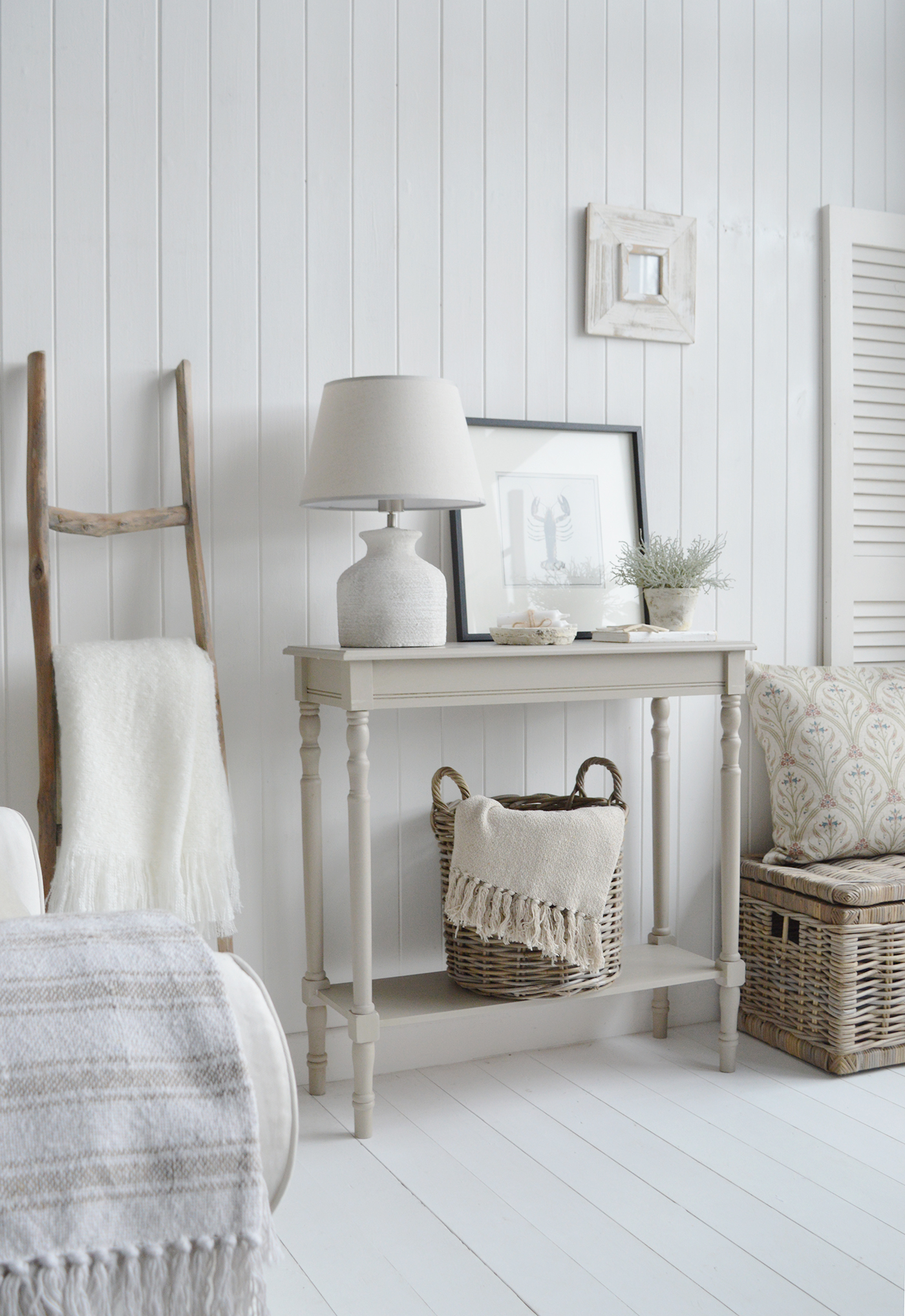 Plymouth narrow Grey Hall Console table with a shelf for Hallway furniture in New England inspired homes. Country Coastal and Modern Farmhouse interiors