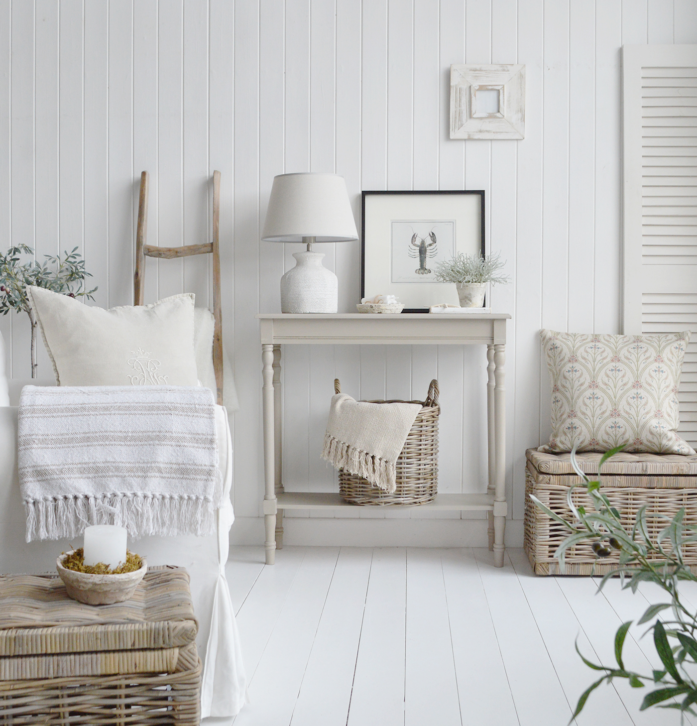 Plymouth narrow Grey Hall Console table with a shelf for Hallway furniture in New England inspired homes. Country Coastal and Modern Farmhouse interiors