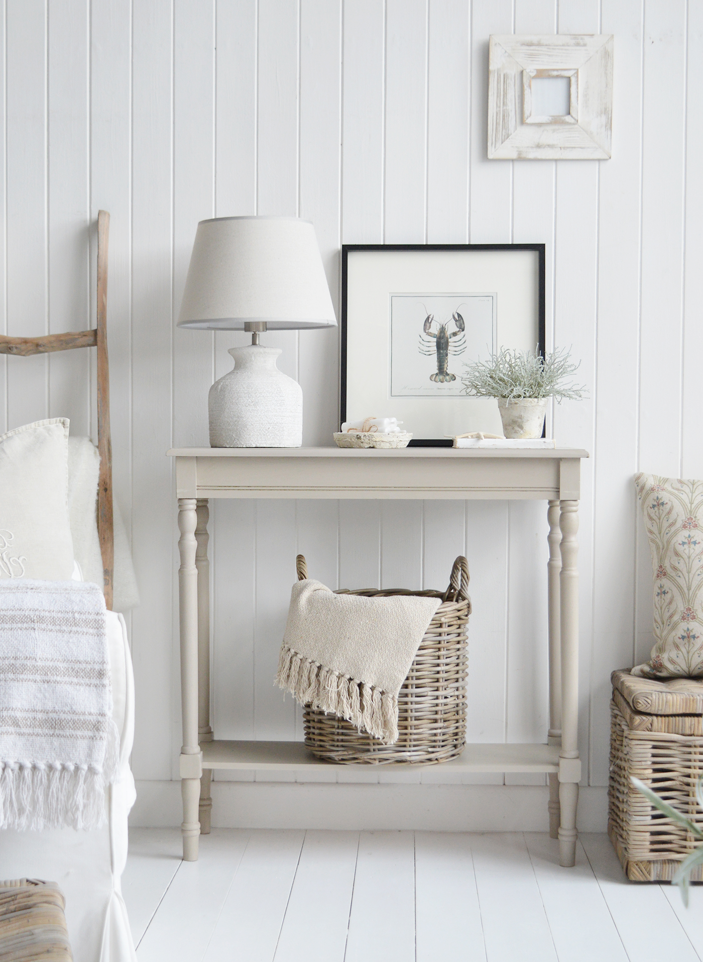 The plymouth vintaged grey console table for neutral New England coastal, modern famrhouse and country interiors. A beautiful piece of hallway and living room furniture