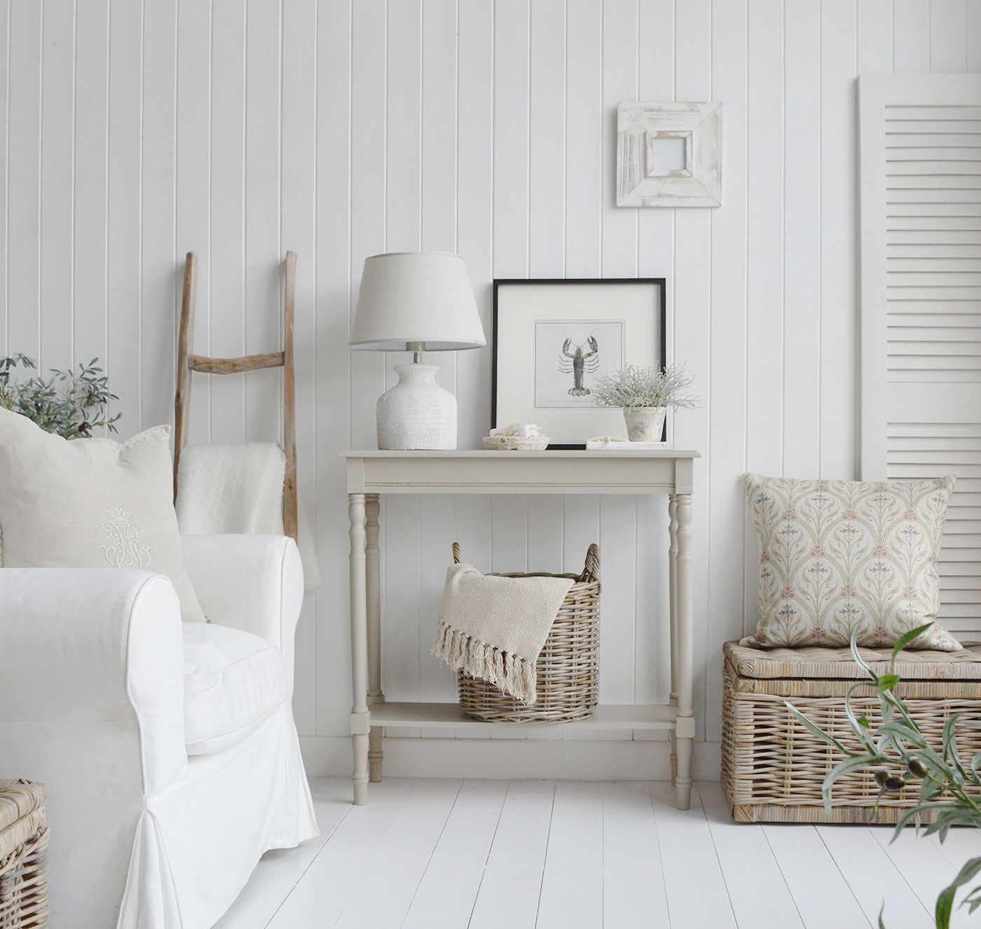 Plymouth narrow Grey Hall Console table with a shelf for Hallway furniture in New England inspired homes. Country Coastal and Modern Farmhouse interiors