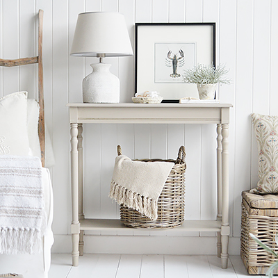 Plymouth grey narrow console table . Perfect for New England, coastal, country or modern farmhouse hallway, living room and bedroom furniture