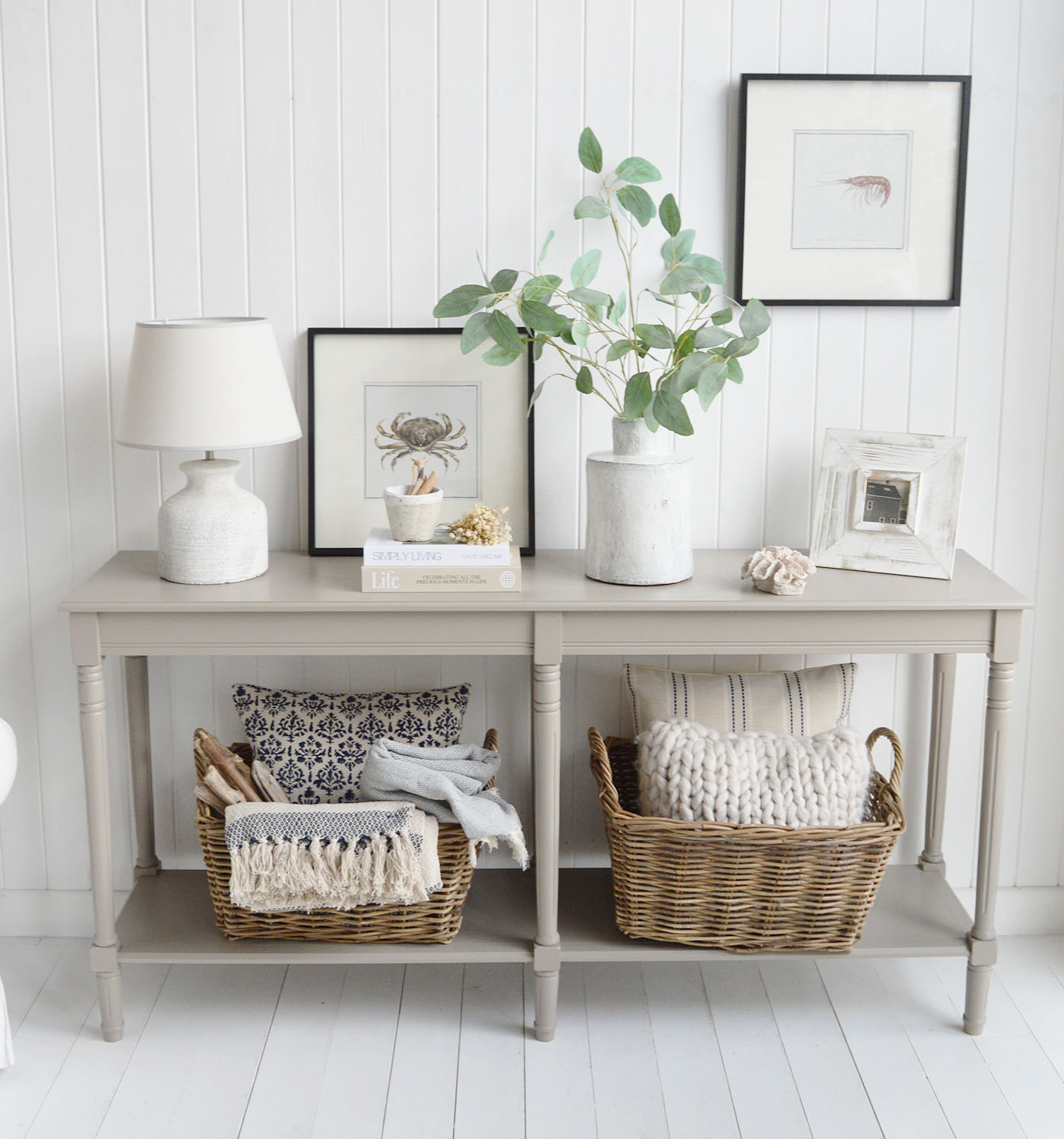 The generous tabletop and lower shelf make this large hallway console table with storage ideal for styling with baskets, throws and coastal décor.
