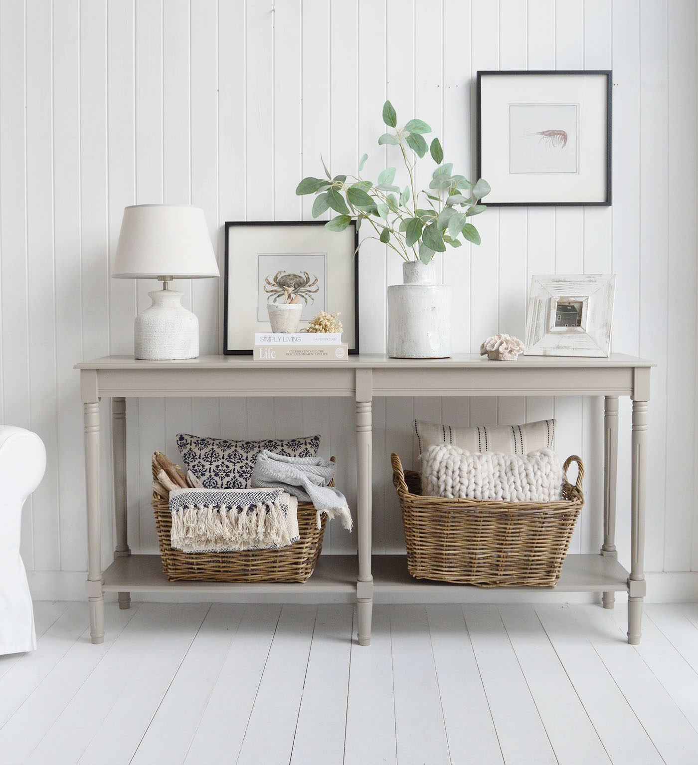 The Plymouth large console table is a timeless piece perfect for creating a New England coastal hallway or living room interior.