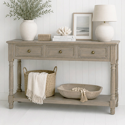The Portsmouth Console Table is a beautifully crafted wooden console table that brings timeless New England, Hamptons and coastal style to hallways, living rooms and entrance spaces.