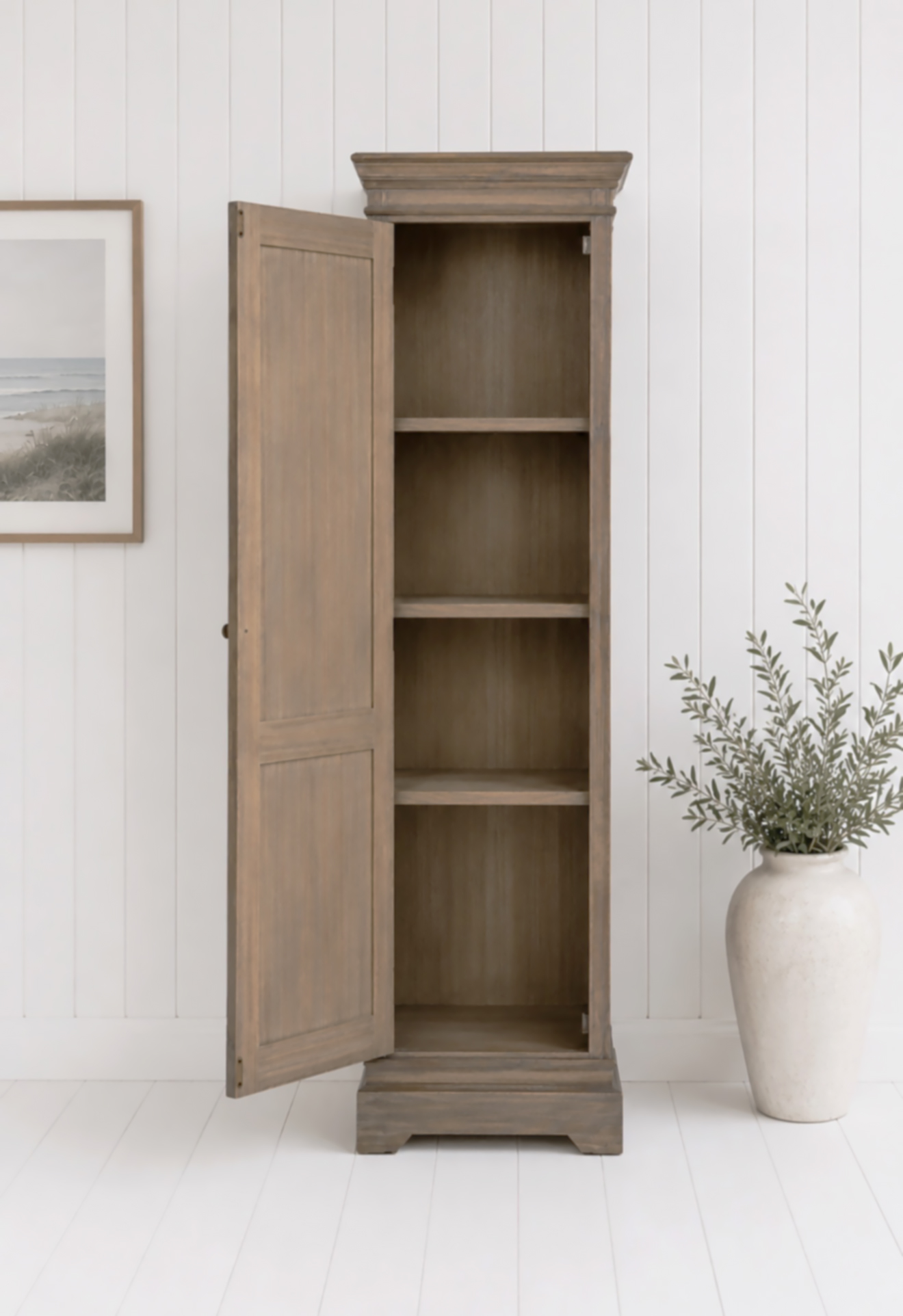 With its rustic wood finish, louvred door and classic detailing, this coastal cupboard brings warmth, texture and character to living rooms, bedrooms, hallways or bathrooms.