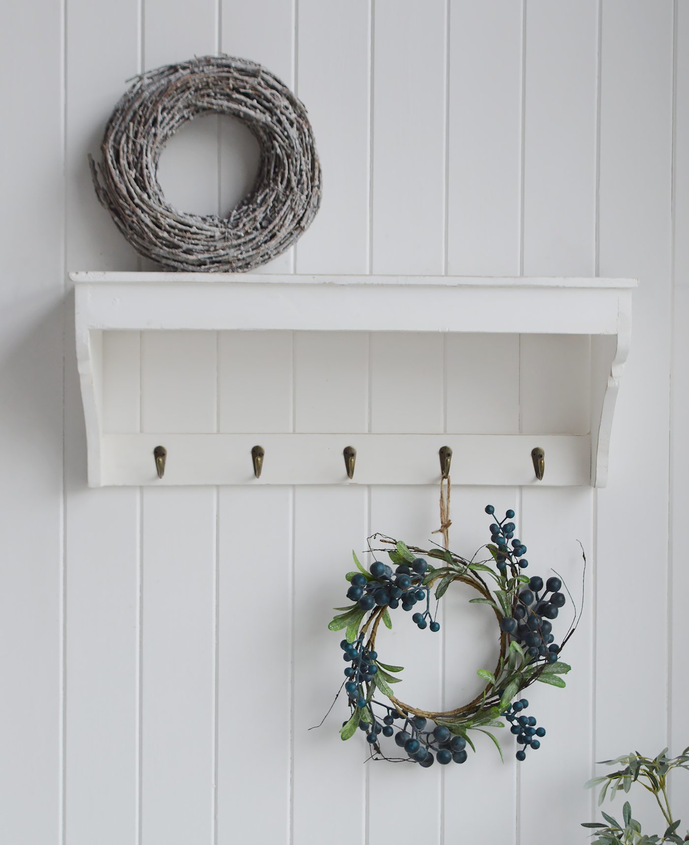 Provincetown rustic white wall shelf with hooks  for New England,  coastal and country living room, hallway, bedroom and bathroom furniture from The White Lighthouse