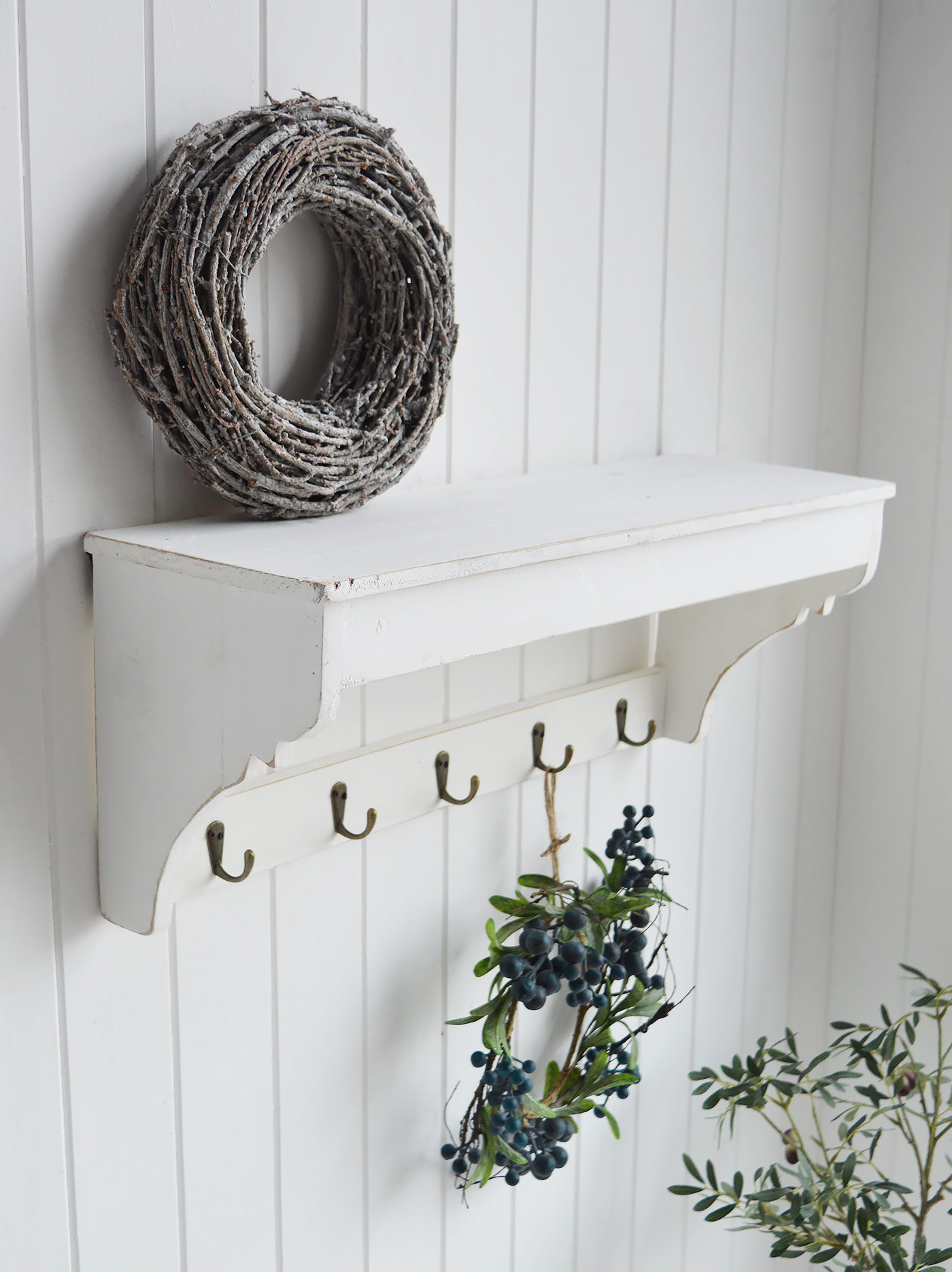 Provincetown rustic white wall shelf with hooks  for New England,  coastal and country living room, hallway, bedroom and bathroom furniture from The White Lighthouse
