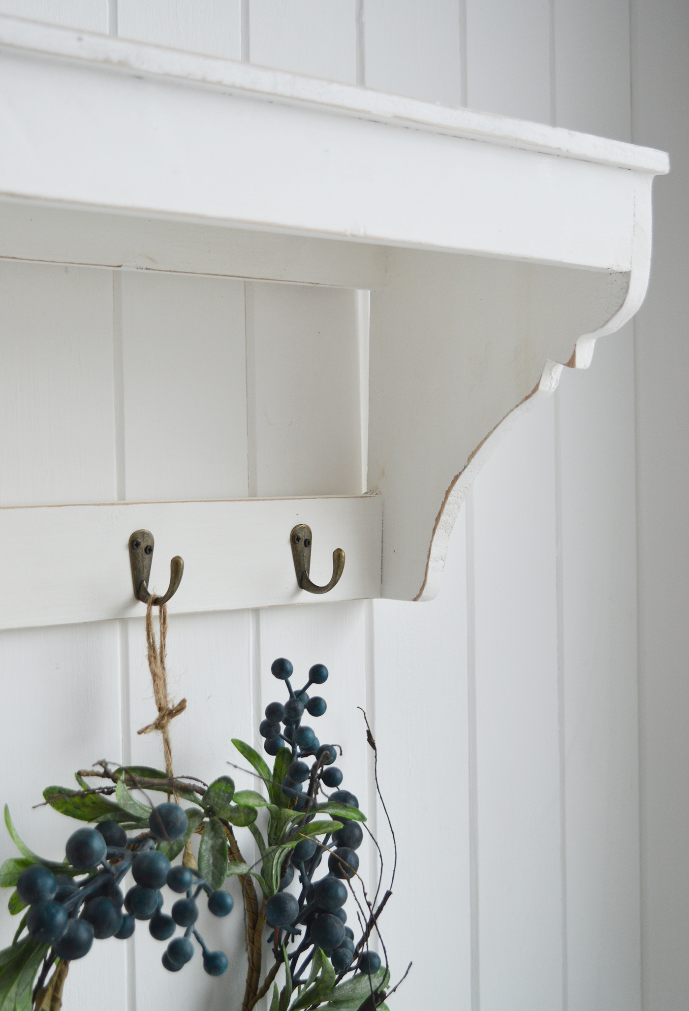 Provincetown rustic white wall shelf with hooks  for New England,  coastal and country living room, hallway, bedroom and bathroom furniture from The White Lighthouse