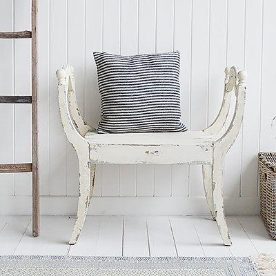 Provincetown white distressed seat bench for neutral farmhouse and modern homes