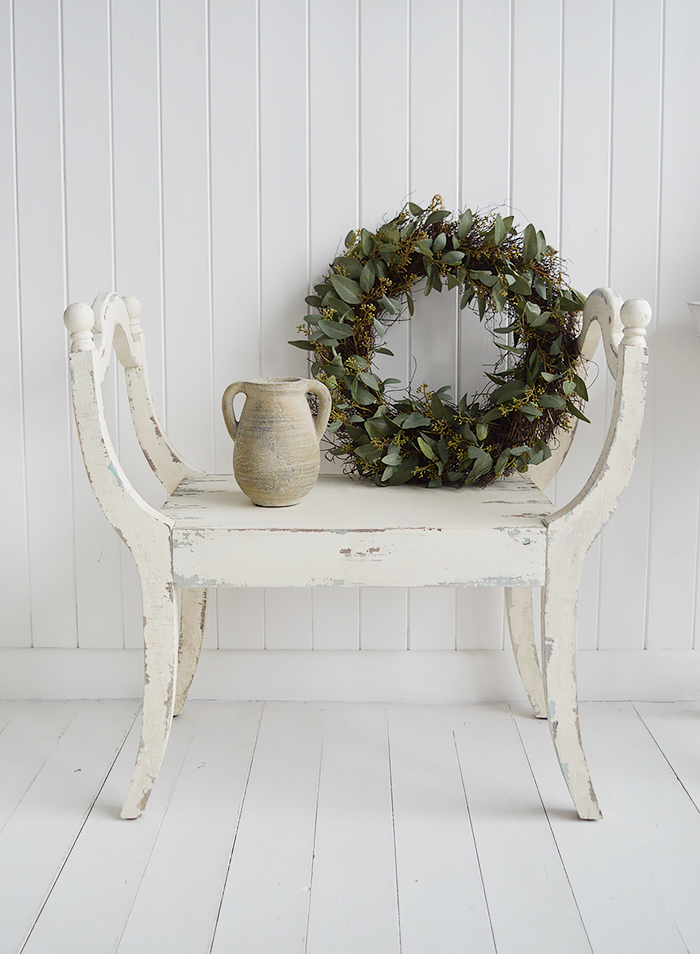 Provincetown rustic white bench for hall, living room or bedroom