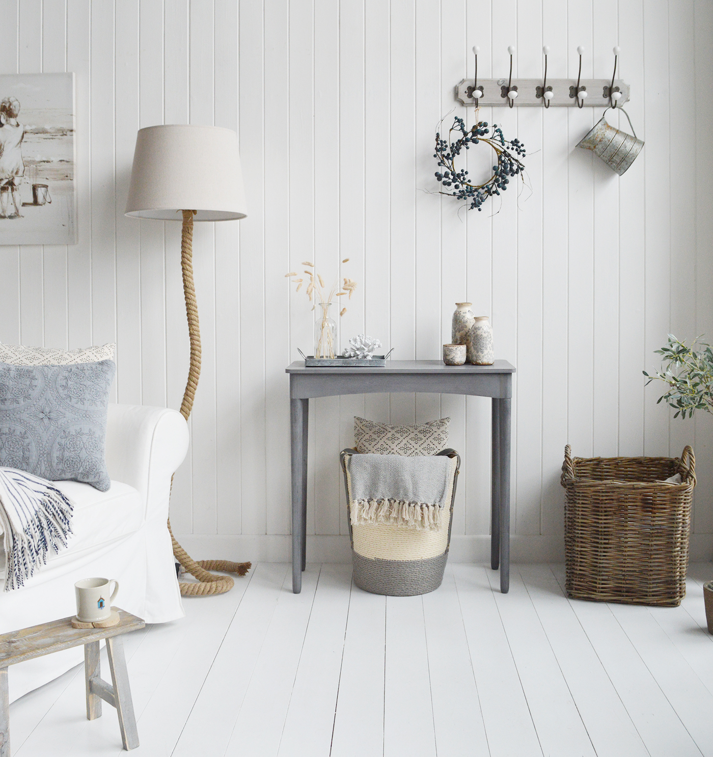 The White Lighthouse Putney Grey Console Table. New England Coastal and Country Hallway Furniture