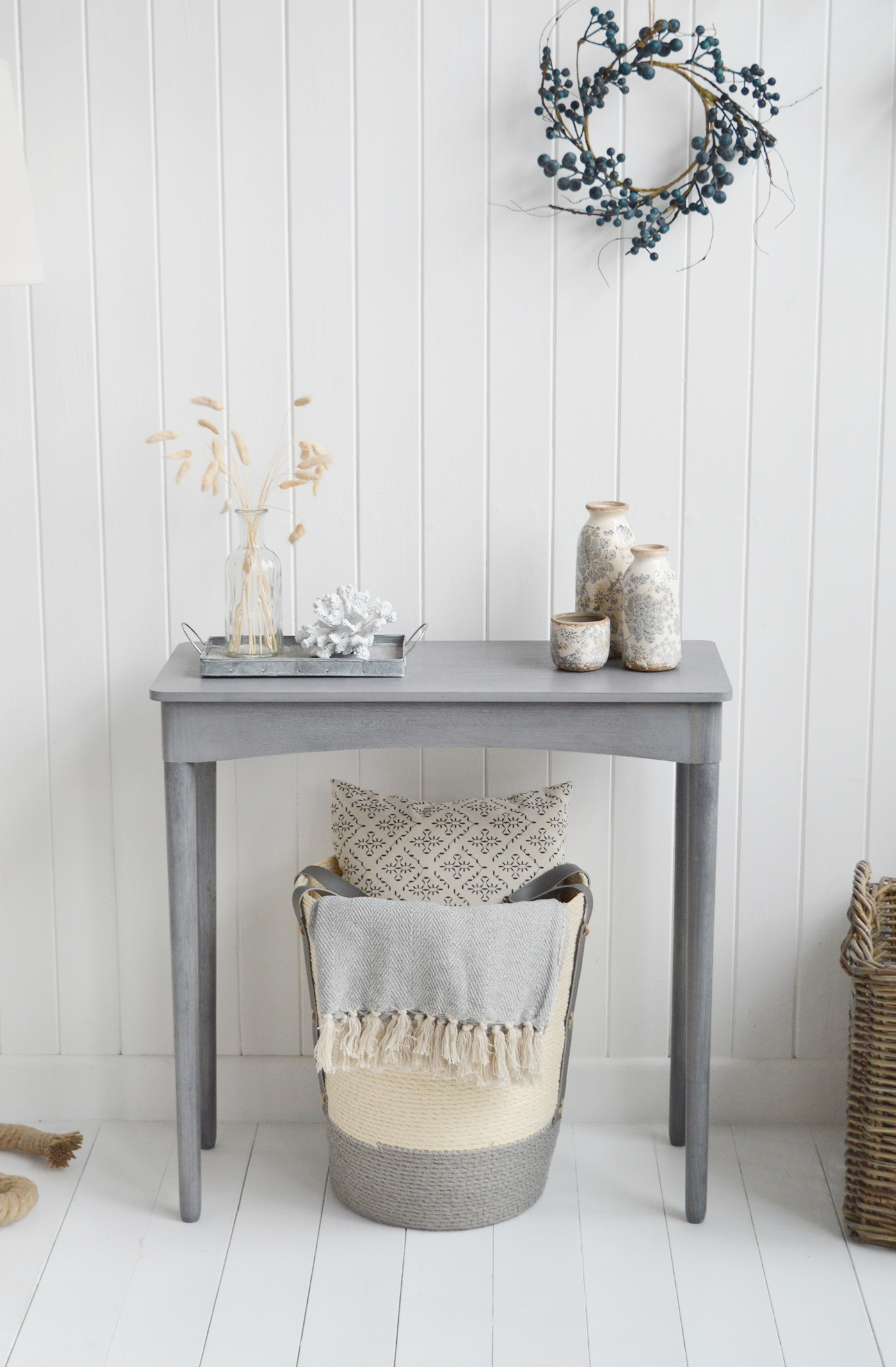 The White Lighthouse Putney Grey Console Table. New England Coastal and Country Hallway Furniture