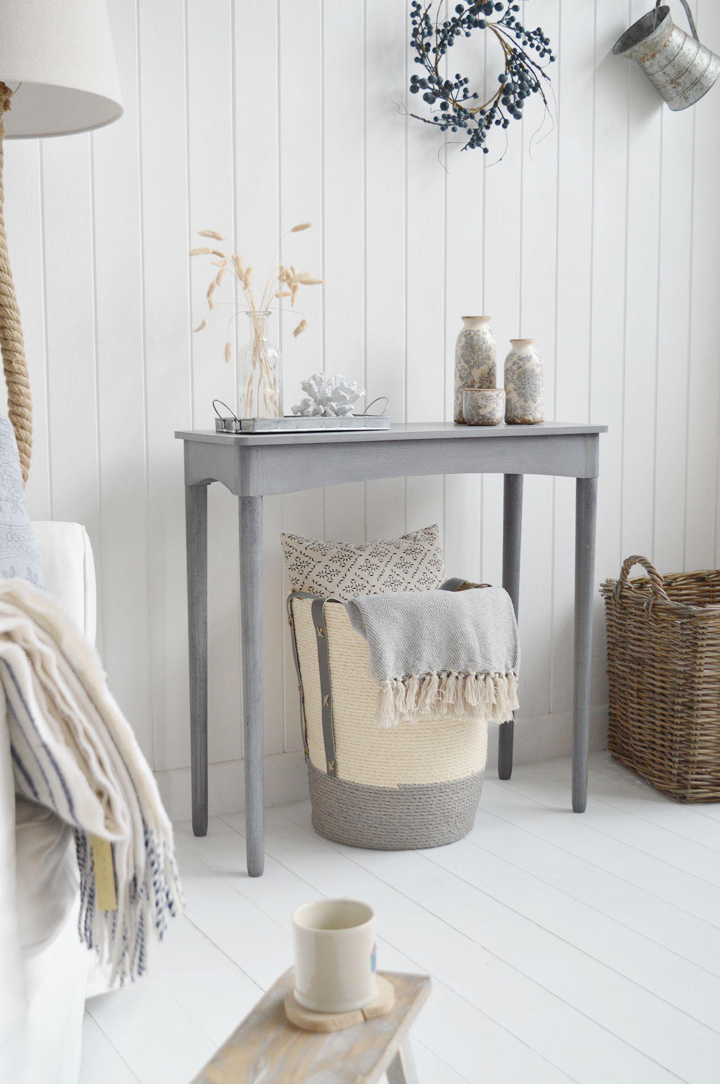 The White Lighthouse Putney Grey Console Table. New England Coastal and Country Hallway Furniture