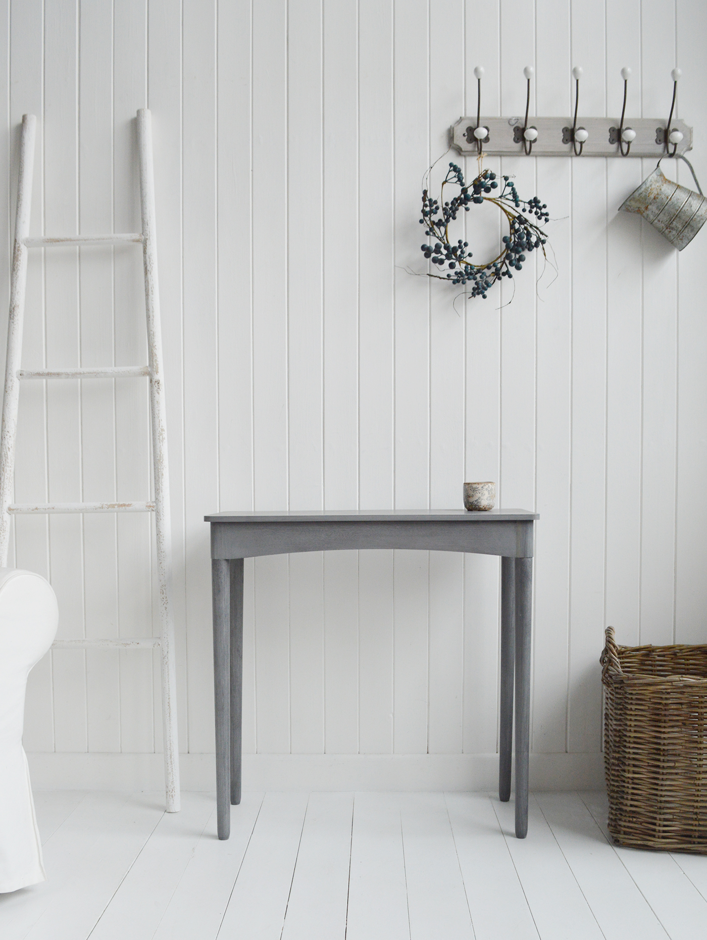 The White Lighthouse Putney Grey Console Table. New England Coastal and Country Hallway Furniture