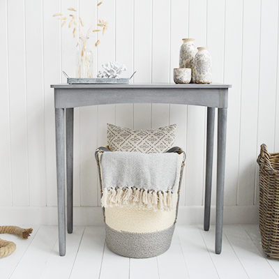 Putney Grey Half Moon Console Table for New England Coastal, Country and Farmhouse Hallway Furniture