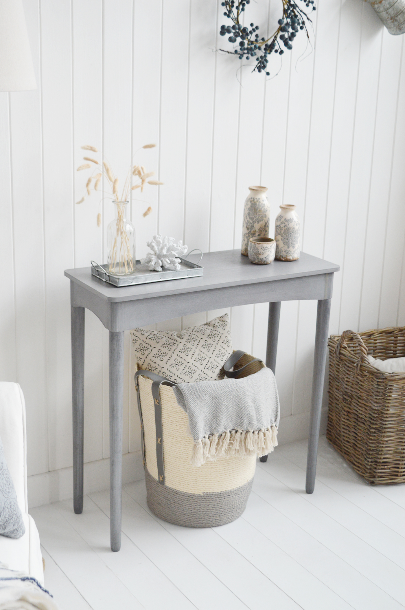 The White Lighthouse Putney Grey Console Table. New England Coastal and Country Hallway Furniture