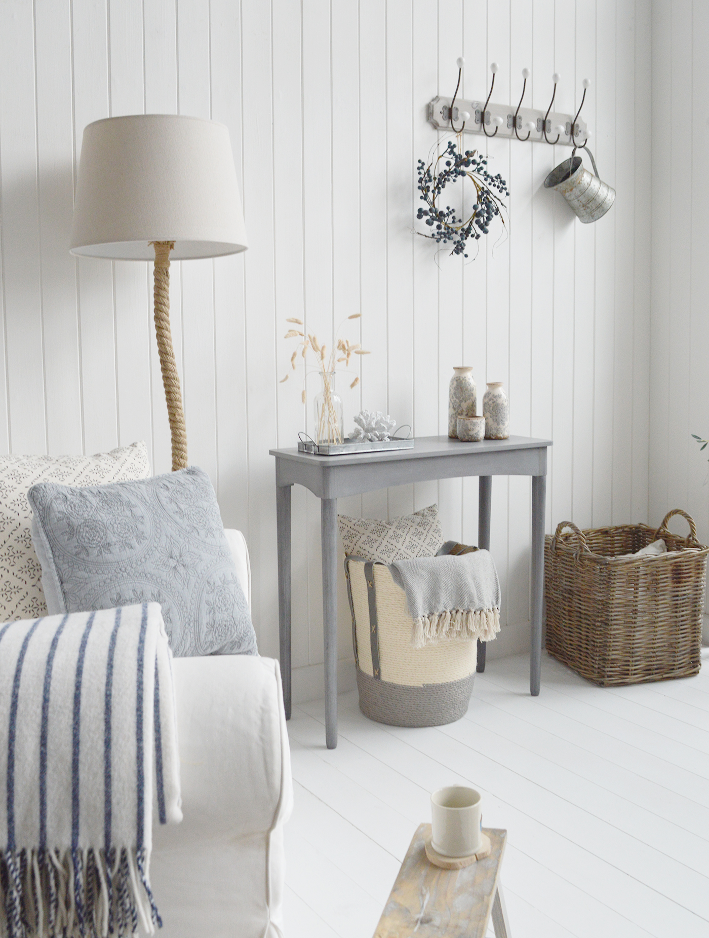 The White Lighthouse Putney Grey Console Table. New England Coastal and Country Hallway Furniture