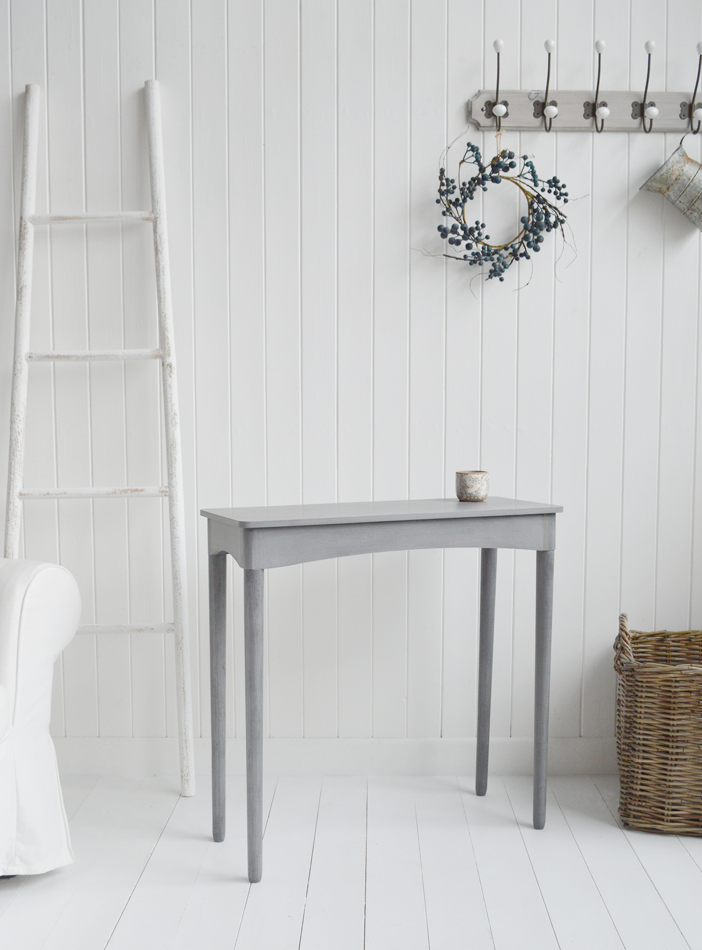 The White Lighthouse Putney Grey Console Table. New England Coastal and Country Hallway Furniture