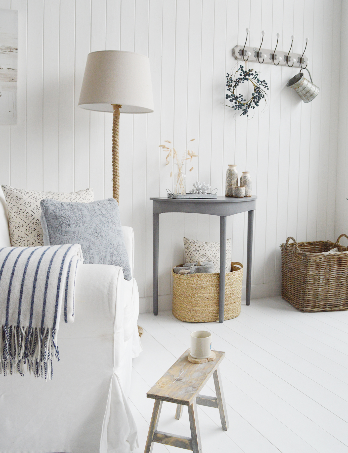 Putney Grey Half moon Console Table. New England Coastal and Country Hallway Furniture