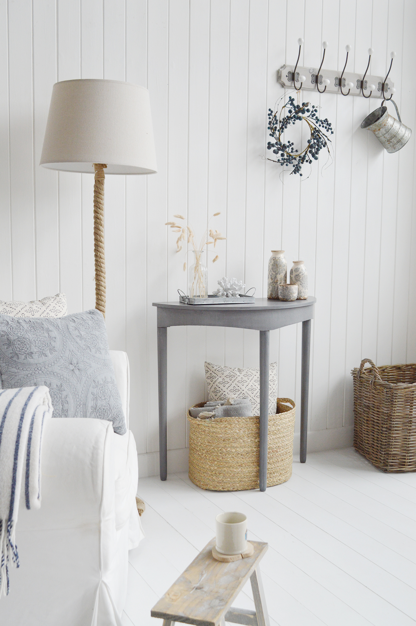 Putney Grey Half moon Console Table. New England Coastal and Country Hallway Furniture