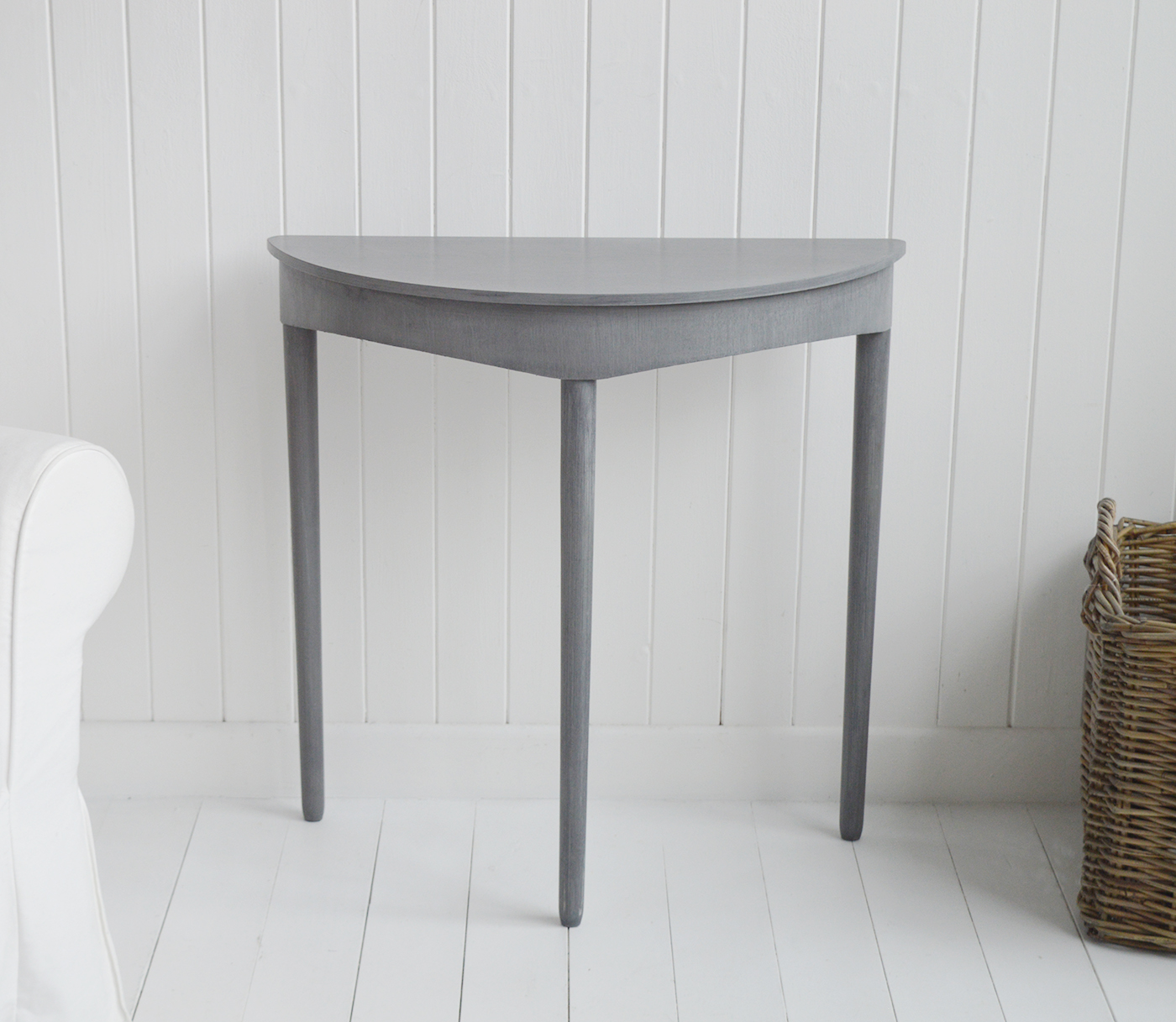 Putney Grey Half moon Console Table. New England Coastal and Country Hallway Furniture