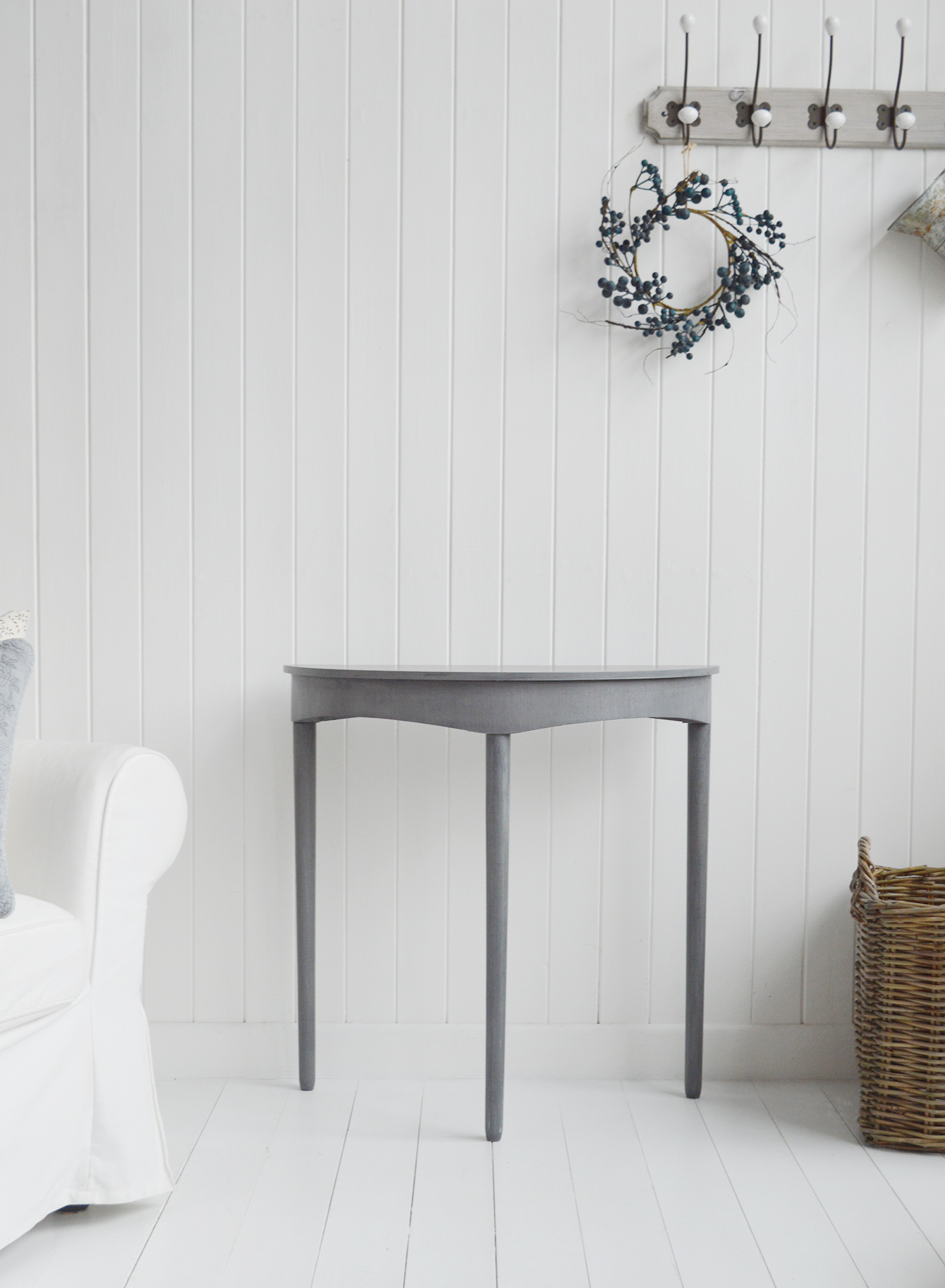 Putney Grey Half moon Console Table. New England Coastal and Country Hallway Furniture