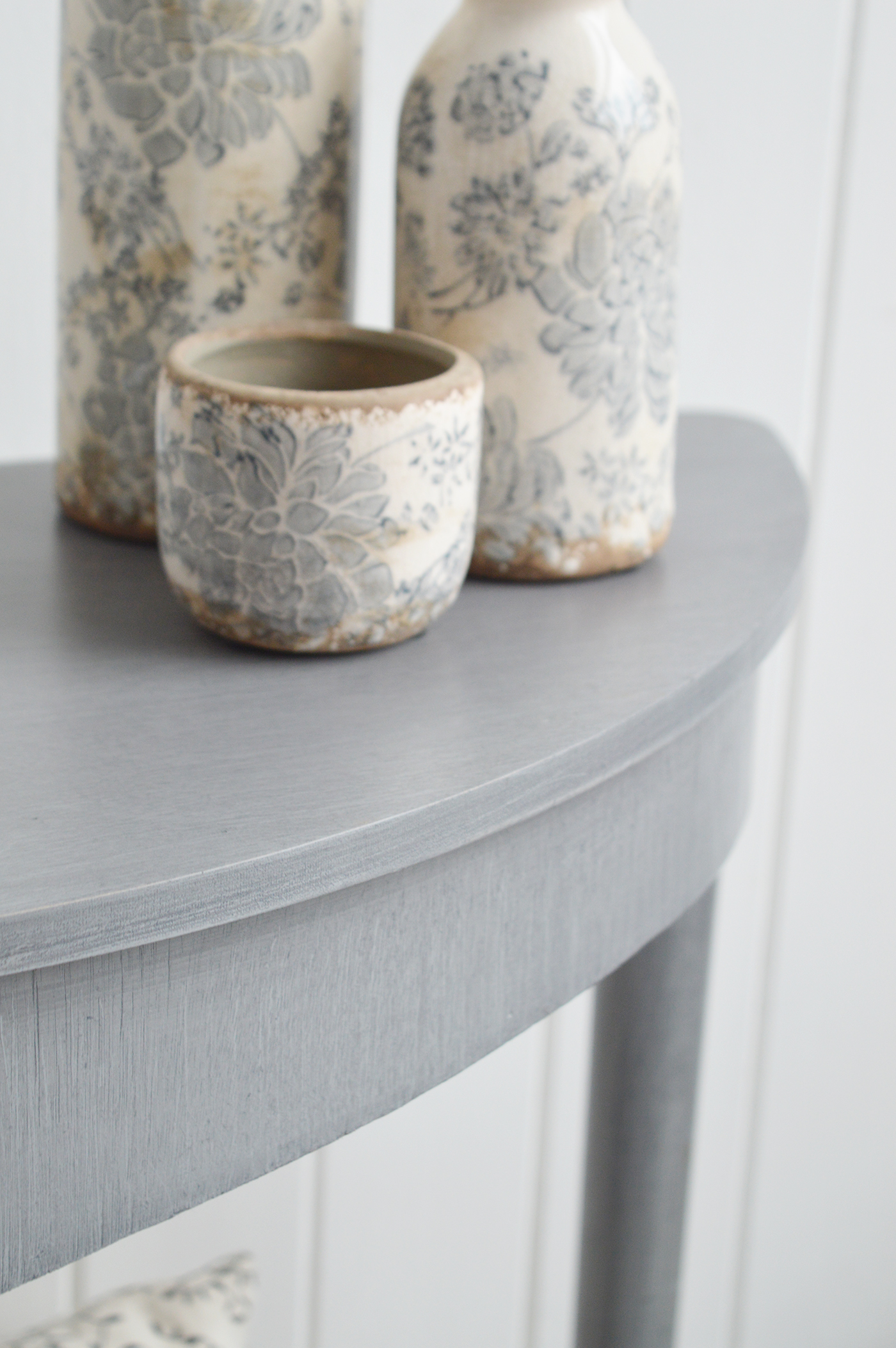 Putney Grey Half moon Console Table. New England Coastal and Country Hallway Furniture