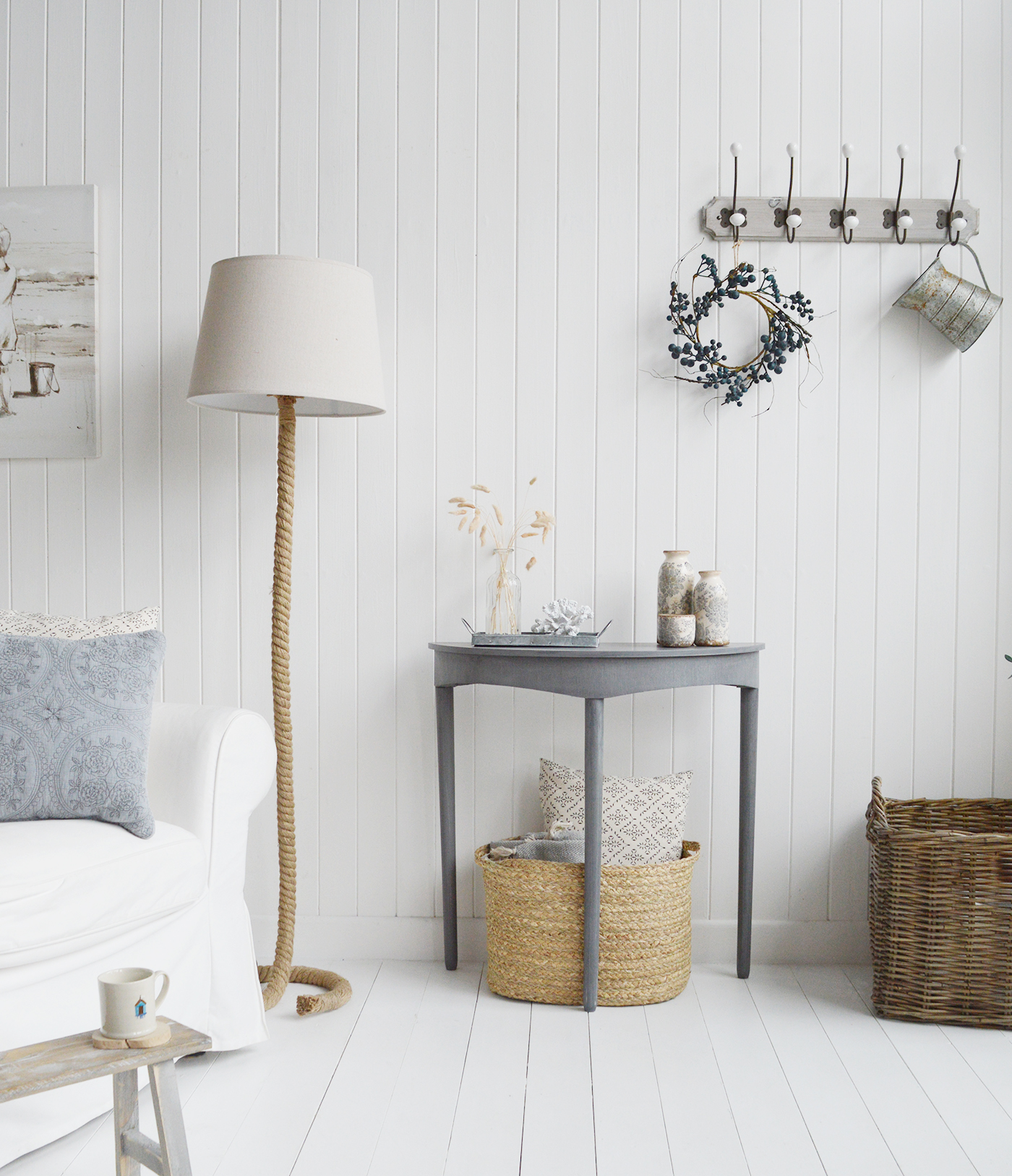 Putney Grey Half moon Console Table. New England Coastal and Country Hallway Furniture