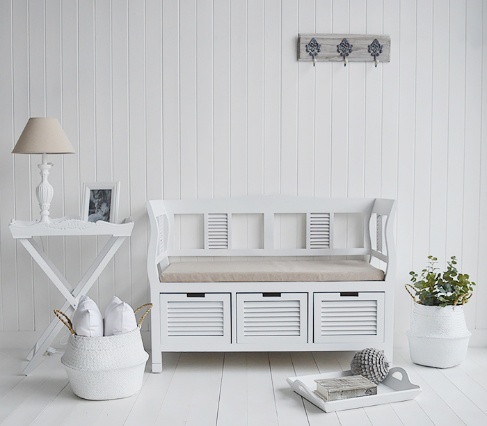 Rhode Island White Storage seat Bench with three drawers for hallway storage