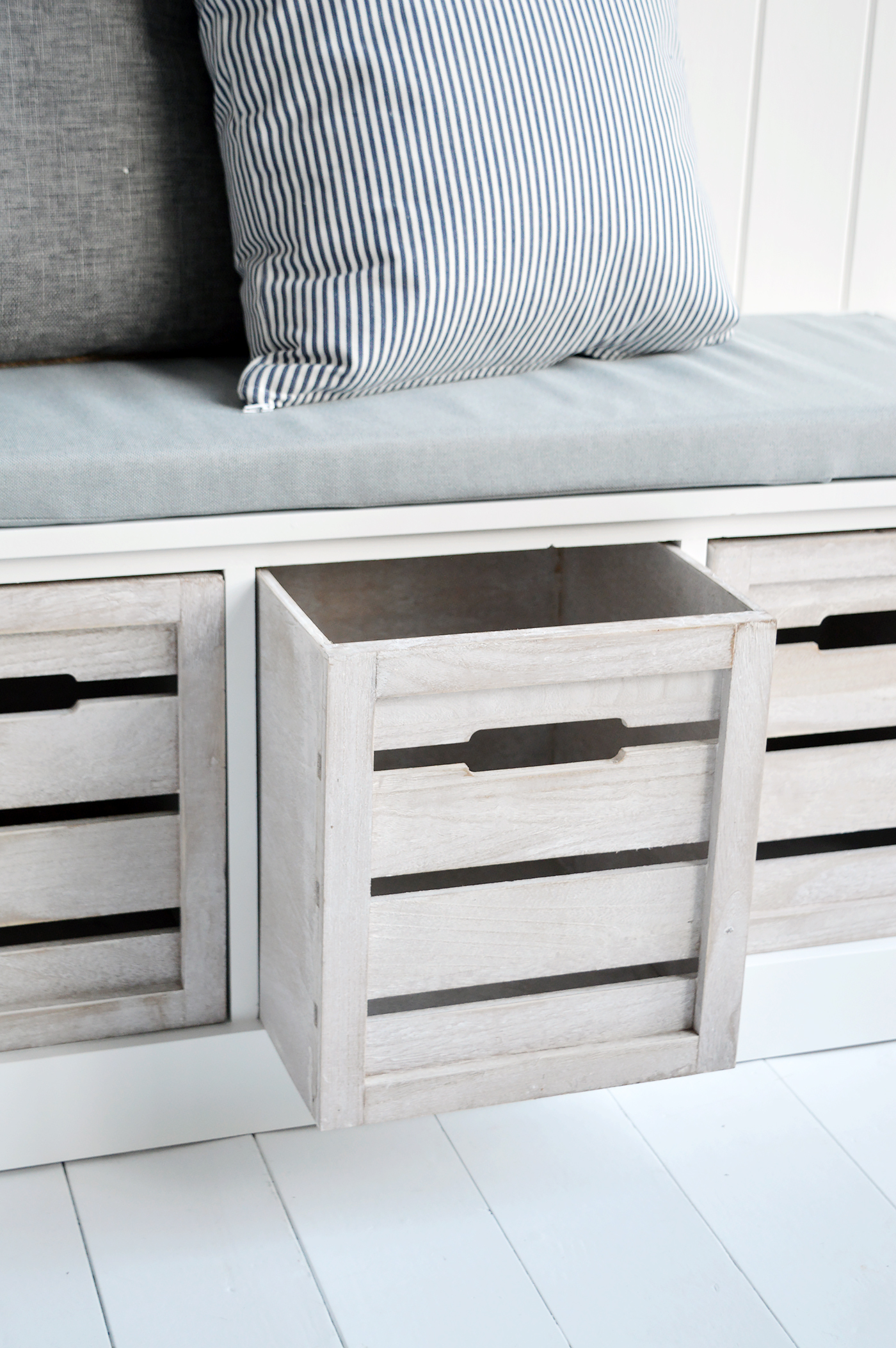 Hallway furniture New England, Coastal Country and City. Hartford white and grey storage bench seat with three drawers for storage