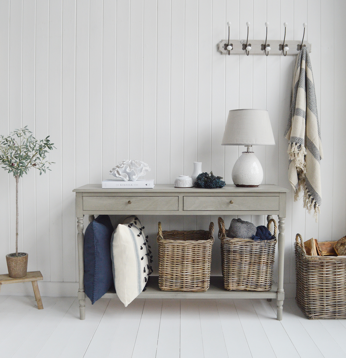 Sudbury console table iwth shelf and two drawers for Hallway furniture in coastal and country styled New England homes