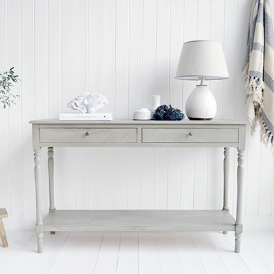 The White Lighthouse Sudbury Vintage Grey Console Table with drawers and shelf. Hallway furniture and hall table. Ideal for hall or living room in New England style homes for country, coastal, farmhouse and city homes