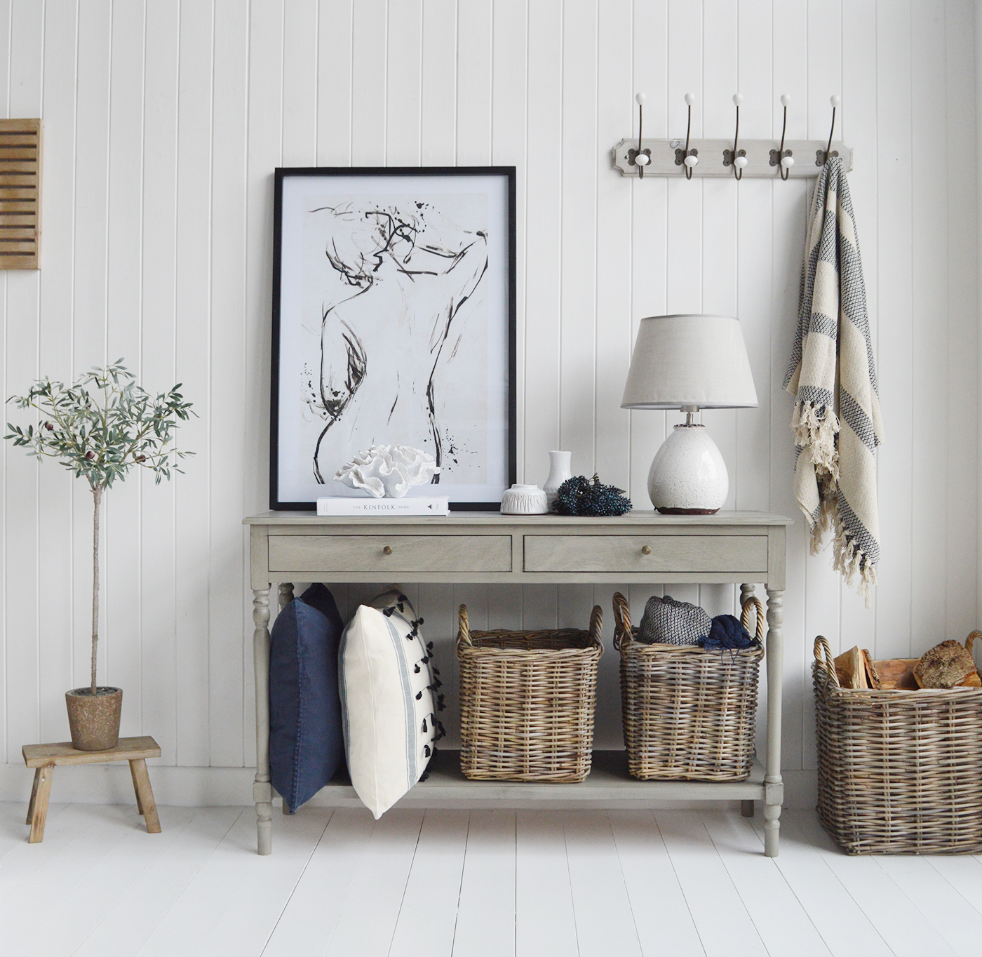 Sudbury console table iwth shelf and two drawers for Hallway furniture in coastal and country styled New England homes